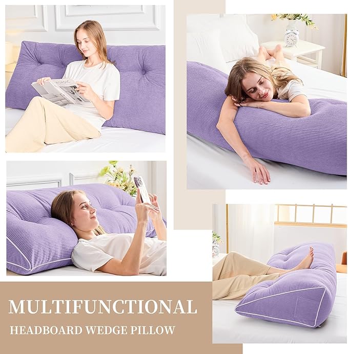 Sasttie Headboard Pillow King, Wedge Pillow Headboard for Sitting Up in Bed, Back-Rest Support Triangular Cushion for Reading - Features Removable Washable Cover, Purple