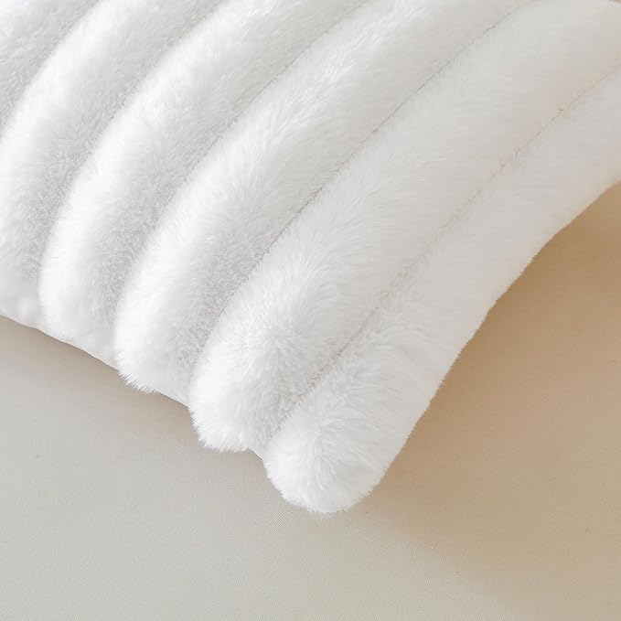 MEGO Fluffy Faux Rabbit Fur Body Pillow Cover, Soft Plush Fuzzy Wide Striped 20x54 Zippered Body Pillowcase, Decorative Shaggy Furry Bedroom Long Pillow Cover for Pregnant Women Side Sleeper, White