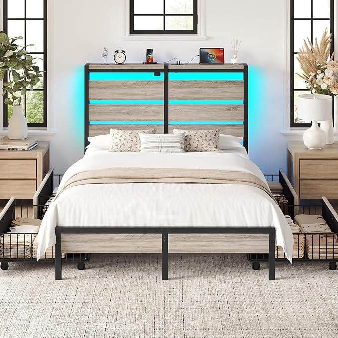 Rolanstar Full Size Bed Frame with 4 Drawers, LED Lights and Charging Station, Metal Platform Bed with Storage Headboard, Noise Free, Easy Assembly, No Box Spring Needed, Light Grey