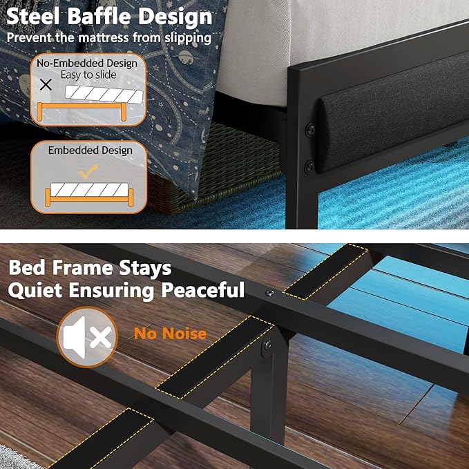 Furnulem Queen Bed Frame with Headboard and Storage Shelf, LED Light and Charging Station, Metal Platform Bed with Heavy Duty Slats, No Box Spring Needed, Noise Free & Easy Assembly