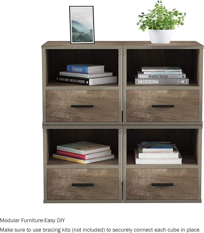 Lavish Home End Stackable Contemporary Minimalist Modular Cube Accent Table with Drawer for Bedroom, Living Room or Office (Gray),