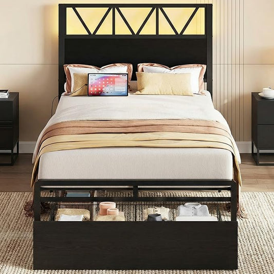 LIKIMIO Twin Bed Frames with Storage Drawer, Charging Station and LED Lights, Twin Bed Frame with 43" Headboard, No Box Spring Needed, Easy Assembly for Teen Room, Small Apartment, Bedroom, Black