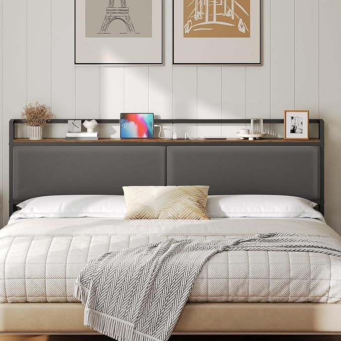 YATINEY King Size Headboard with Storage Shelves, Upholstered Headboard with Charging Station, Height Adjustable, Sturdy and Stable, Vintage Style, Rustic Brown, Gray and Black