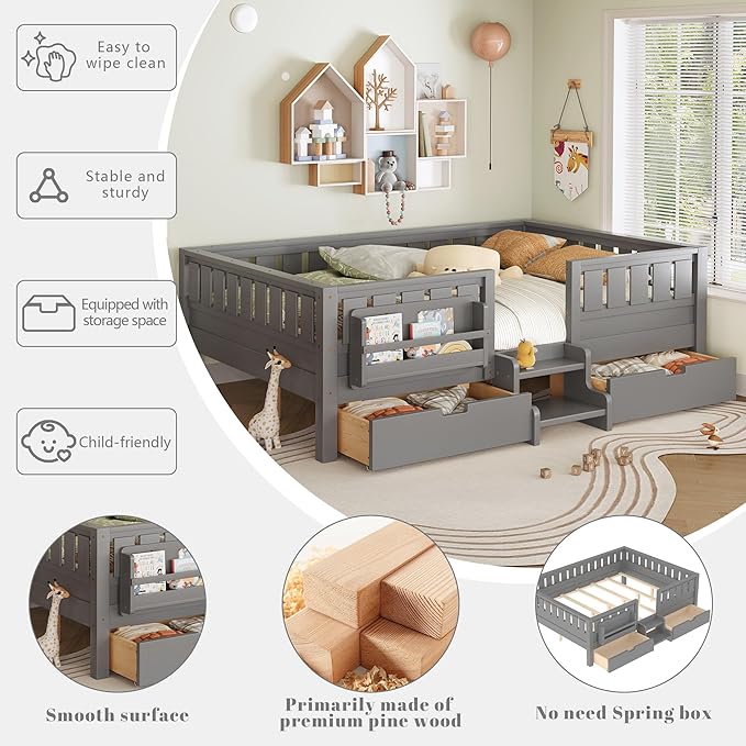 Bellemave Queen Size Kids Montessori Bed with Stairs and Bookshelf,Solid Wood Queen Size Kids Bed Frame with Drawers and Storage for Girls Boys,Low-Profile,Gray