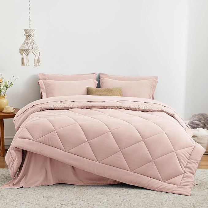 Love's cabin King Size Comforter Set Pink, 7 Pieces King Bed in a Bag, All Season Bedding Sets with 1 Comforter, 1 Flat Sheet, 1 Fitted Sheet, 2 Pillowcase and 2 Pillow Sham | Soft, Breathable, Lightweight, Comfortable