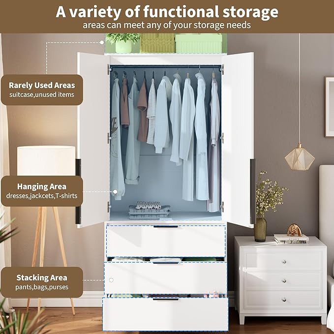 GarveeHome Armoire Wardrobe Closet, 69.5 in Wooden Wardrobe Cabinet with 3 Drawers, Hanging Rod, 2 Doors Clothing Storage Cabinet for Bedroom, Large Capacity Storage, Rattan Door, White