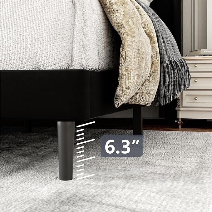 Gruwans King Size Bed Frame with Wingback Headboard, Upholstered Platform Bed, No Box Spring Needed, Sturdy Wooden Slat Support, Easy Assembly, Black