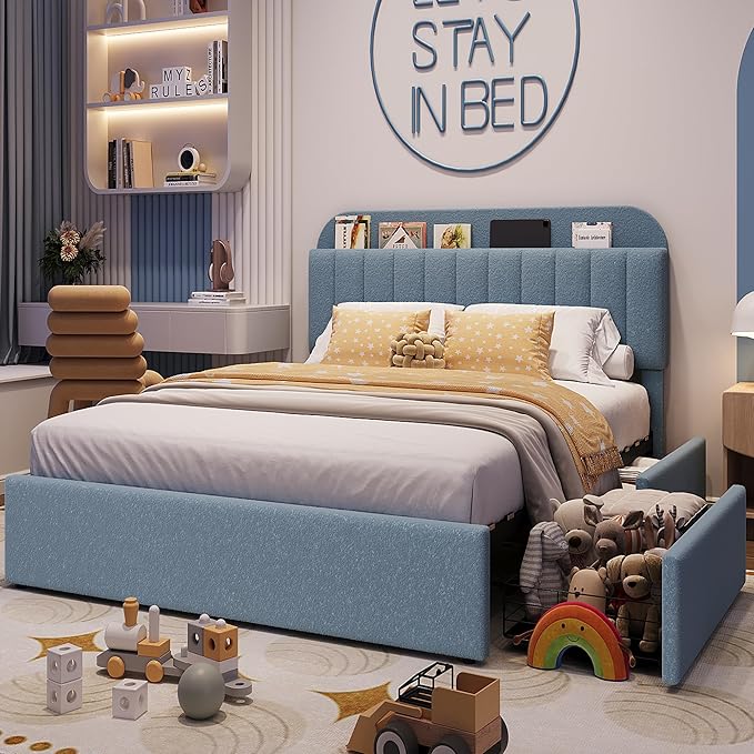 IDEALHOUSE Full Bed Frame with 2 Flexible Drawers and Bookcase Headboard, Boucle Upholstered Platform Bed for Boys, Noise-Free, Easy Assembly, No Box Spring Needed, Blue
