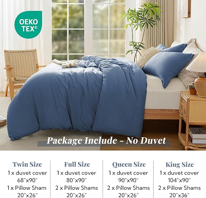MILDLY Super Soft Duvet Cover - 100% Washed Microfiber Light Denim Comforter Cover Set 3 Pieces with Zipper Closure & Corner Ties (No Comforter)