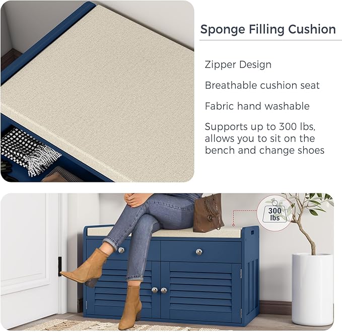 WARMHONIU Shoe Storage Bench with 2 Drawers, Entryway Bench with Cushion, Adjustable Shelves, Shoe Rack Bench with Louvered Doors for Entryway, Bedroom, Hallway, Blue