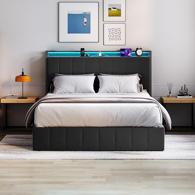 Garvee Queen Size Lift Up Storage Bed with LED Lights, Upholstered Velvet Bed Frame with Storage Headboard & Charging Station, Metal Platform Bed, No Box Spring Needed, Solid Wooden Slats, Black