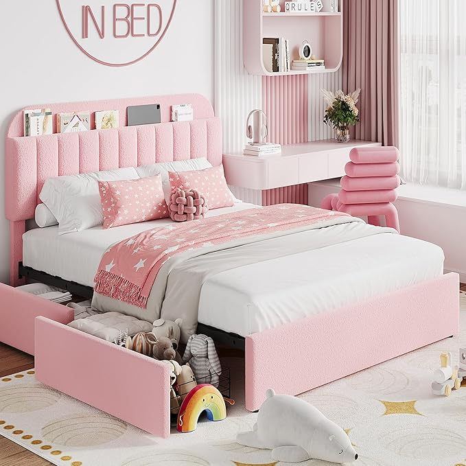 Garvee Queen Size Bed Frame with 2 Flexible Drawers, Boucle Upholstered Platform Bed Frame with Bookcase Headboard, Bedframe for Kids/Girls, Easy Assembly, No Box Spring Needed, Noise Free, Pink