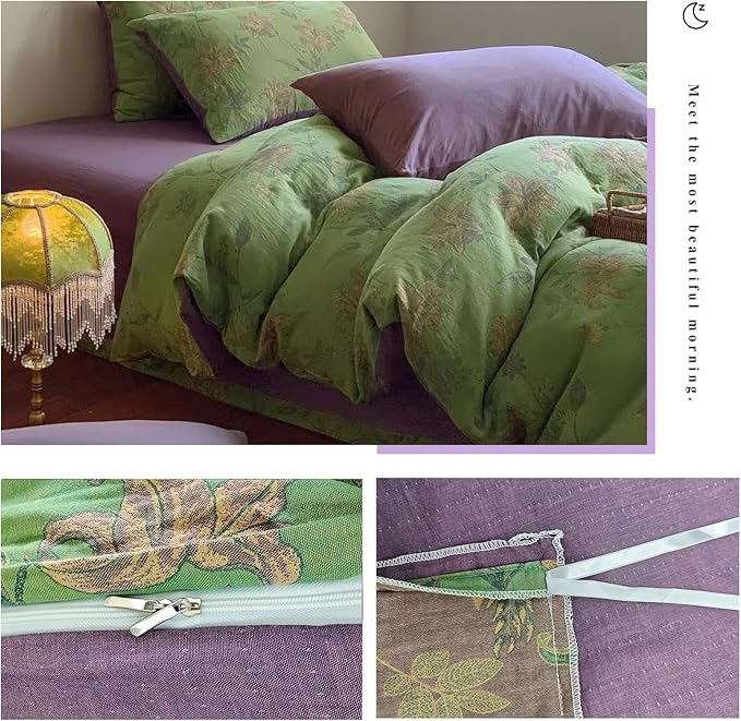 VM VOUGEMARKET Retro Flower Duvet Cover King,3Pcs Yarn-Dyed French Linen Jacquard Duvet Cover Set Mint Green Purple Bedding Set for Girls Women Without Comforter