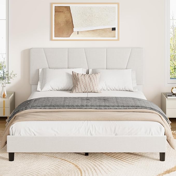 IDEALHOUSE Queen Size Upholstered Bed Frame with Headboard, Heavy Duty Platform Bed Frame, Adjustable Headboard, Noise-Free, No Box Spring Needed, Easy Assembly