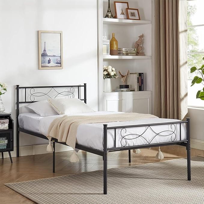 VECELO 2 Set 14" Twin Size Metal Platform Bed Frame with Headboard,Premium Steel Slat Support No Box Spring Needed,Noise-Free Anti-Slip,Easy Assembly