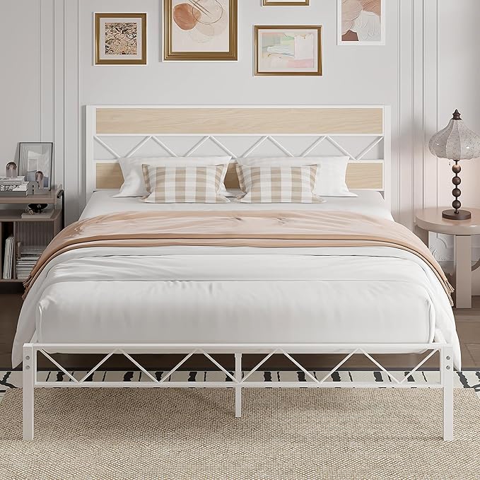 VECELO Full Size Bed Frame with Headboard, Heavy-Duty Platform Bedframe with Metal Slats Support, No Box Spring Needed, Easy Assembly, White & Natural