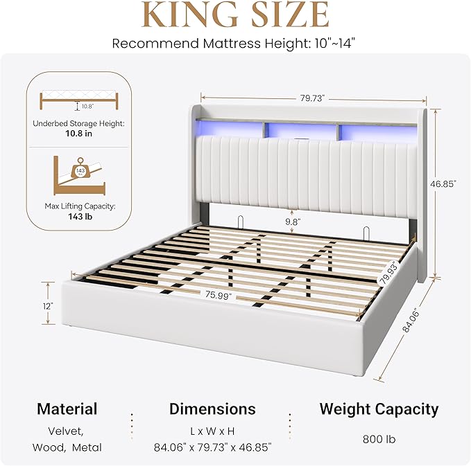 SHA CERLIN King Size Lift Up Storage Bed Frame/LED Lights/Charging Station/2-Tier Shelves Headboard/USB,Type-C Ports/Velvet Upholstered/Hydraulic Support/No Box Spring Needed/Noise Free/White