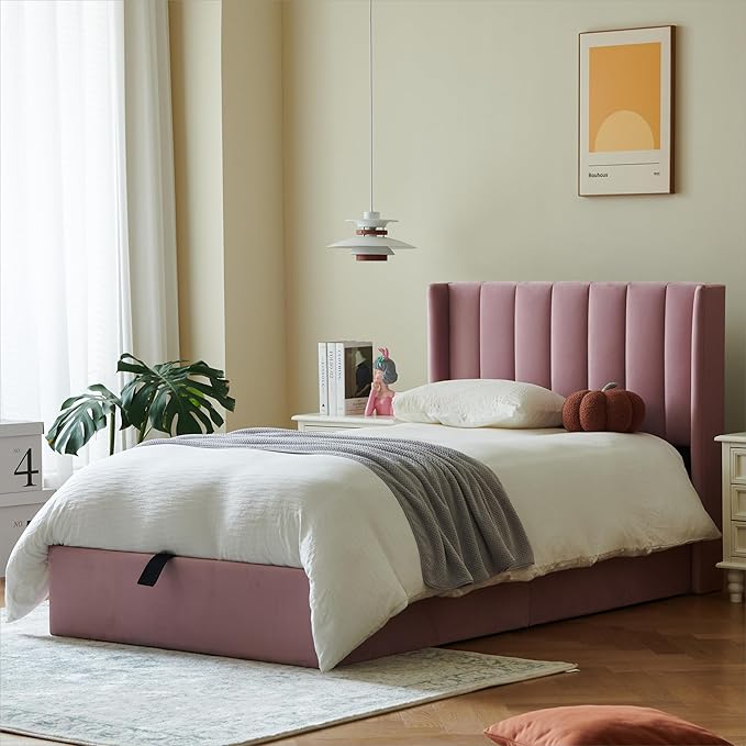 YUHUASHI Queen Size Hydraulic Storage Bed, Upholstered Platform Bed Frame, Modern Wingback Design Headboard, Velvet Fabric with Hydraulic Support Bars, No Box Spring Required (Pink, Twin)