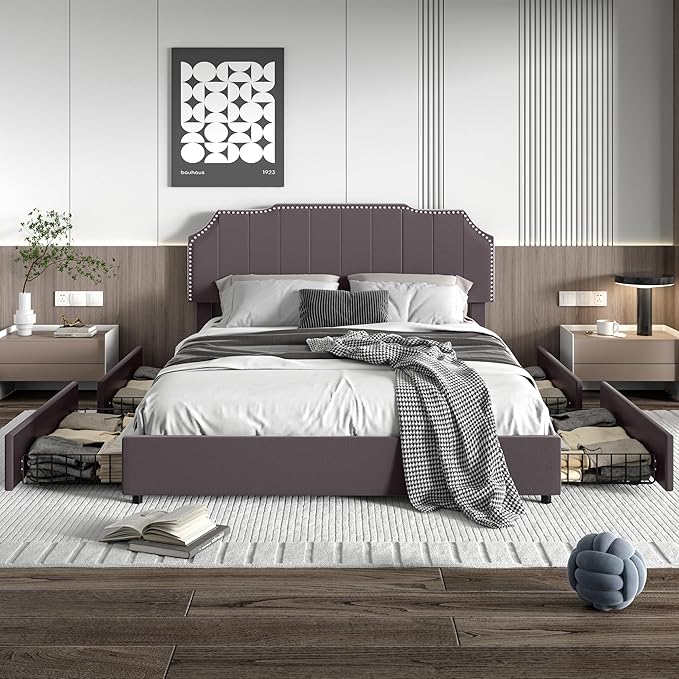 VECELO Queen Upholstered Platform Bed Frame with 4 Storage Drawers,Velvet Vintage Queen Bed with Nailhead Trim,Tufted Height Adjustable Headboard,Wooden Slats/No Box Spring Needed/Easy Assembly