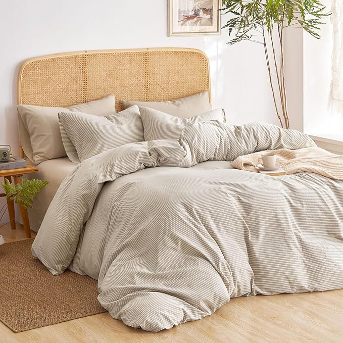 Wake In Cloud - Striped Cotton Duvet Cover Set, 100% Washed Cotton Textured Percale Bedding Set, Ticking Stripe Pinstripe Farmhouse, 3 Pieces, Tan, King Size