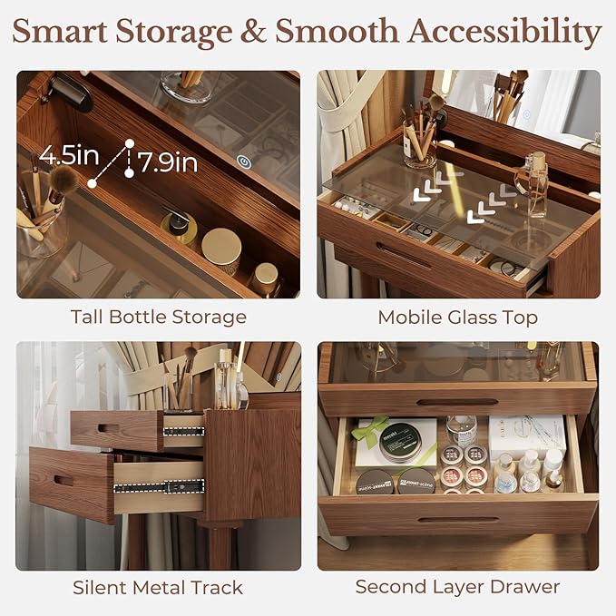 Muwuele Solid Wood Small Vanity Desk with Mirror and Lights, Narrow Makeup Vanity for Small Space, Flip Top Vanity Side Table, 3 Color Modes & Adjustable Brightness, 23.6" Slim Dressing Table, Walnut