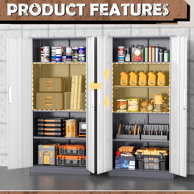 INTERGREAT Storage Cabinets with Doors and Shelves, 72“ Steel Tool Locking Cabinet, Metal Storage Cabinet for Home Office, Warehouse, School, Grey White