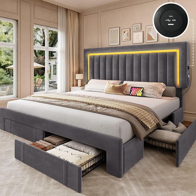 YITAHOME Queen Size Bed Frame with Adjustable Headboard, 4 Storage Drawers and RGB LED Lights, Velvet Upholstered Platform Bed with USB Ports, No Box Spring Needed, Fast Assembly, Noise-Free, Gray
