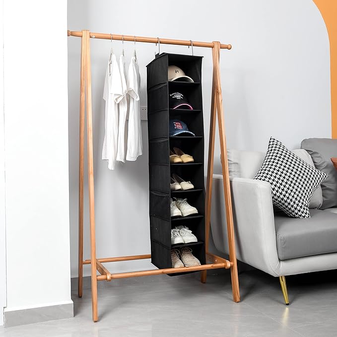 Berdeng Hanging Shoe Organizer for Closet with Side Mesh Pockets，Hat Racks for Baseball Caps，Shoe and Hat Holder & Storage，8-Shelf，Black，1 Pack