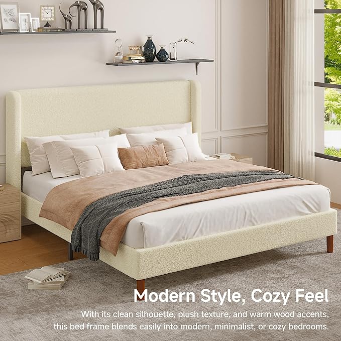 King Boucle Upholstered Platform Bed Frame with Adjustable Wingback Headboard, Cloud Bed with Solid Wood Legs, No Box Spring Needed, Easy Assembly, Beige