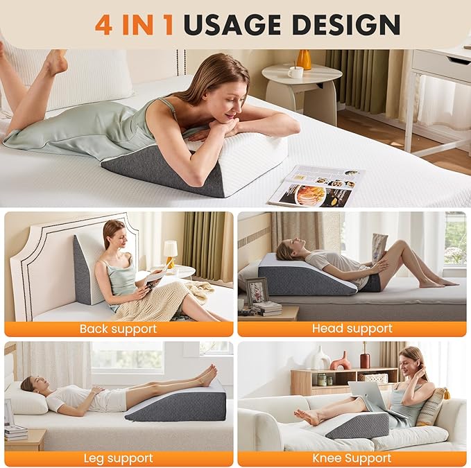 Sweetcrispy 7 Inch Wedge Pillow, Body Pillow for Snoring, Sleep Apnea, Neck Pain Relief, Post Surgery, Sleeping Comfort, White & Gray