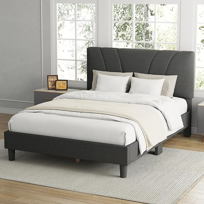 Avenco Queen Bed Frame, Upholstered Platform Bed Frame with Adjustable Headboard, Wood Slat Support, Easy Assembly, No Box Spring Needed, Dark Grey