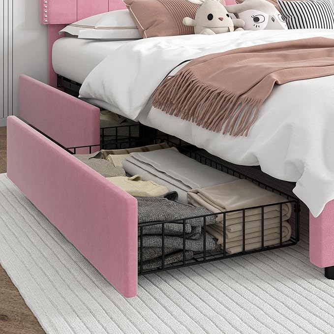 VECELO Full Upholstered Platform Bed Frame with 4 Storage Drawers,Velvet Vintage Full Bed with Nailhead Trim,Tufted Height Adjustable Headboard,Wooden Slats/No Box Spring Needed/Easy Assembly