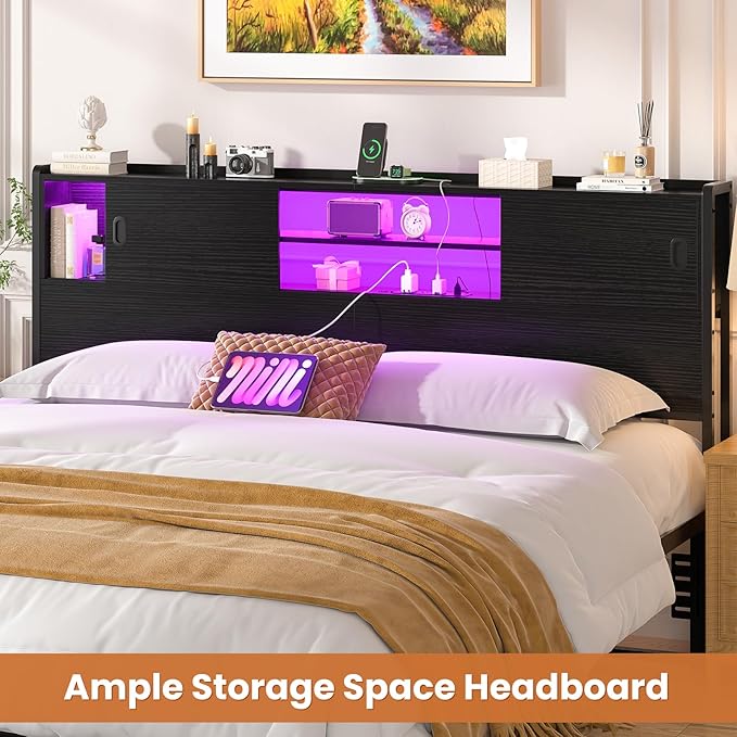 Homieasy King Storage Headboard with Sliding Doors, Bookcase Headboard with Charging Station & Smart LED Light, Headboard Only for King Bed, Wood Headboards with Bookshelf
