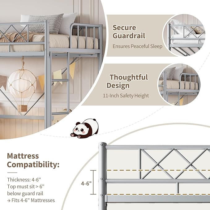Garvee Twin Size Loft Bed, Heavy Duty Metal Frame with Arched Guardrail, Flat Ladder Rung, and Steel Slat Support, No Box Spring Required, Space Efficient, Gray