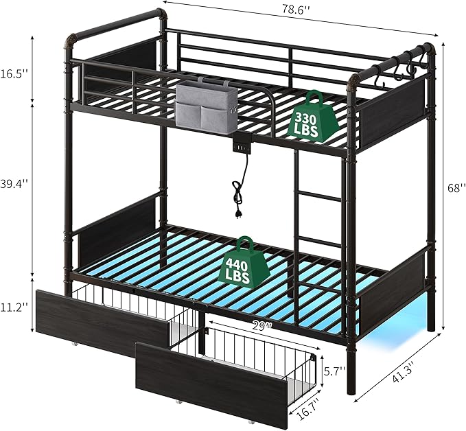 Jocoevol Metal LED Bunk Bed Twin Over Twin with 2 Storage Drawers, USB Charging Station, Industrial Bunkbeds Heavy Duty Bed with Safety Guardrail and Ladder, No Box Spring Needed, Black