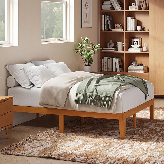 DUMOS 14 Inches Full Size Wood Platform Bed Frame, Solid Wooden Mattress Foundation with Heavy Duty Wood Slat Support, Sturdy, No Box Spring Needed, Natural Pine