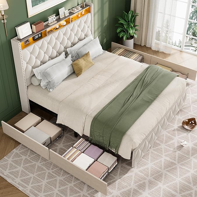 GarveeHome Queen Bed Frame with 50.8 in Tall Headboard, Platform Velvet Upholstered Bed Frame with 4 Storage Drawers, USB Charging Station, Led Lights, No Box Spring Needed, Easy Assembly, Beige