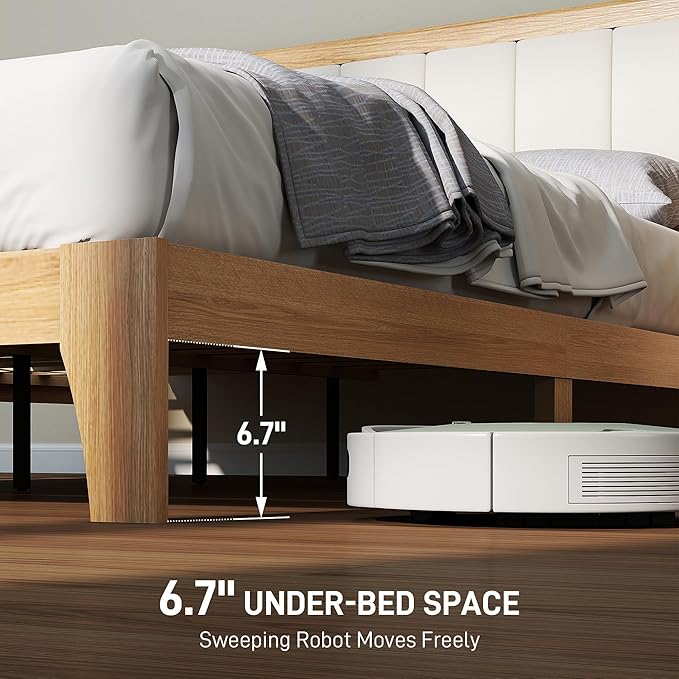 HOMCOM Full Size Bed Frame with Upholstered Headboard, Platform Bed Frame with Wooden Slats, No Box Spring Needed, Easy Assembly, Natural