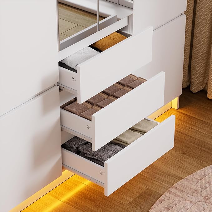 PAKASEPT 4 Doors Armoire Wardrobe Closet with Led Light & Mirror, Bedroom Large Capacity Freestanding Armoire Wardrobe with Drawers, Storage Cabinet with Hanging Rod Storage Closet for Bedroom