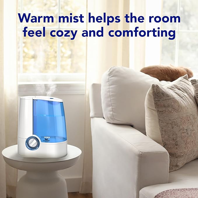 Vicks Warm Mist Humidifier Filter-Free 1-Gal Tank, Auto Shut-Off, Night Light, VapoPad and VapoSteam Compatible