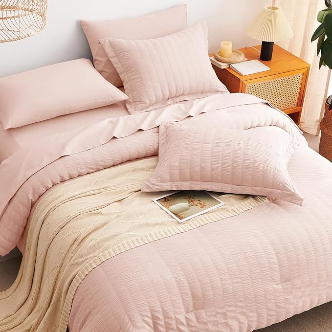 CozyLux Full Size Comforter Sets with Sheets 7 Pieces, Blush Pink Seersucker Bed in a Bag Textured Luxury Soft Bedding Sets with Down Alternative Comforter, Sheets, Pillowcases & Shams for All Seasons