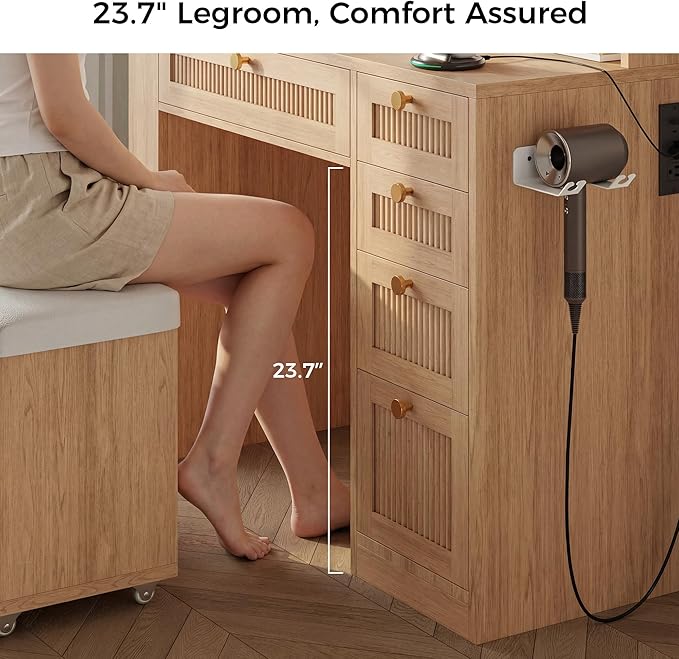 IRONCK Makeup Vanity with LED Lighted Mirror, 3-Color Dimmable Dresser with Mirror with Glass Top Drawers & Charging Station & Hair Dryer Holder, 63" H Dressing Table with 4 Drawers & Open Shelves
