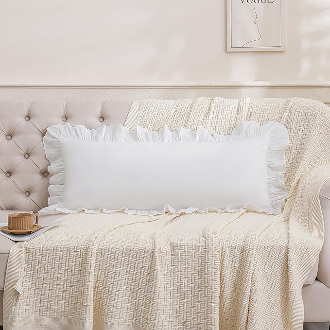 14x36 inches Off White Ruffled Lumbar Pillow Cover 1 Piece, Pure Washed Cotton Soft Decor Pillowcase Farmhouse Vintage Cushion Cover for Bed Livingroom