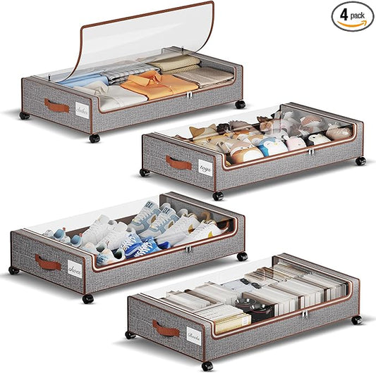 Yecaye Under Bed Storage with Wheels, 4 Pack Under the Bed Storage Containers with Lids & Label, XXL 60L Rolling Underbed Storage Drawers for Clothes, Blankets, Shoes