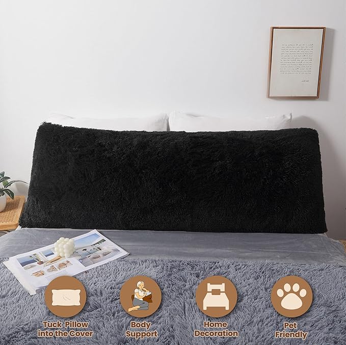 MEGO Luxury Fluffy Body Pillow Cover, 20x54 Shaggy Faux Fur Body Pillow Case, Black Soft Plush Fuzzy Body Pillowcase, Decorative Furry Long Bed Pillow with Zipper Closure Hug Pillow for Bedroom Black