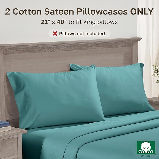 California Design Den Pillow Case King Size Set of 2 - Luxuriously Soft, Premium 600 Thread Count, 100% Cotton Pillow Cases King, Crisp Sateen - Teal