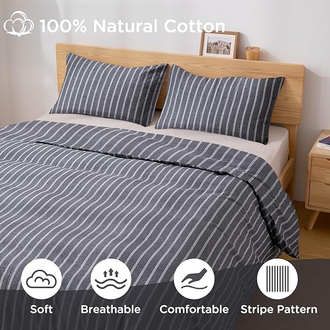 TOCOMOA Striped Duvet Cover Set 100% Natural Cotton Soft Comfy Breathable 3 Piece Grey and White Pattern Printed Comforter Cover Bedding Set (Queen 90"x90", Comforter Not Included)