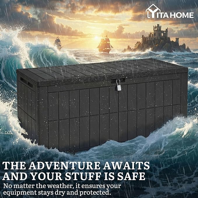 YITAHOME 134 Gallon Large Deck Box, Waterproof Resin Outdoor Storage Box with Lock, Doubles as 2-Person Bench Seating for Patio Furniture Cushions,Garden Tools & Pool Accessories, Black