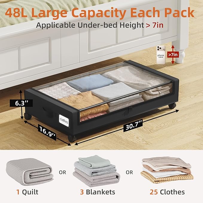 Somdot Under Bed Storage with Wheels, 4 Pack Bed Storage Containers with Dividers & Clear Lids, Easy Pull-out Metal Drawer for Clothes, Shoes,Toys, Blankets (Black)