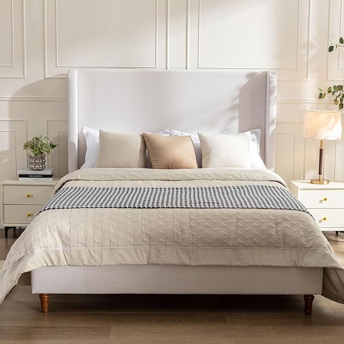 GDFStudio Tall Headboard Upholstered Bed,King Size Platform Bed Frame with Headboard Wingback,54" High No Box Spring Needed Easy Assembly Elegant Simplicity Textured Ivory Canvas